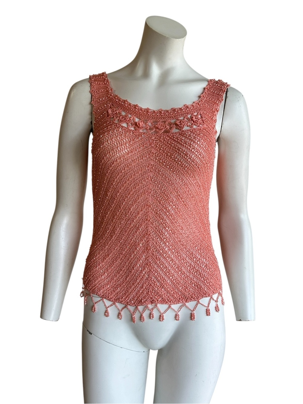 Vintage 90s y2k pink knit crochet floral embroidered beaded camisole tank